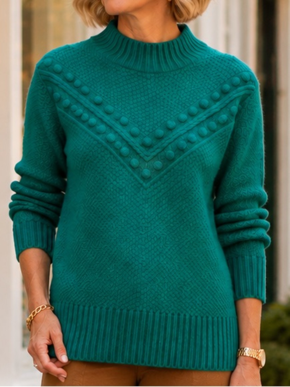 NWT Talbots Teal Green Cable Knit Pom Pom Chevron Mock Neck Sweater Plus 1X